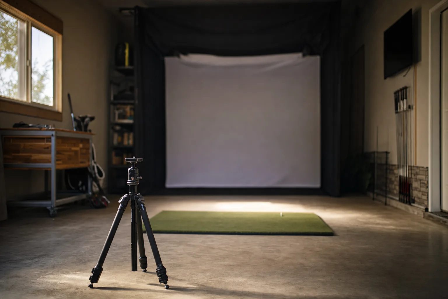 An empty home hitting bay in a converted garage, a bare tripod on the concrete floor behind the hitting position